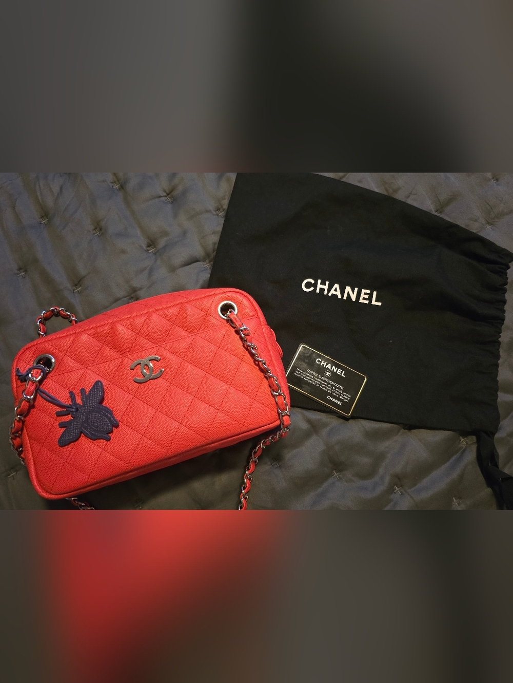 CHANEL Red Quilted Caviar Leather Shoulder Bag with Silver CC
